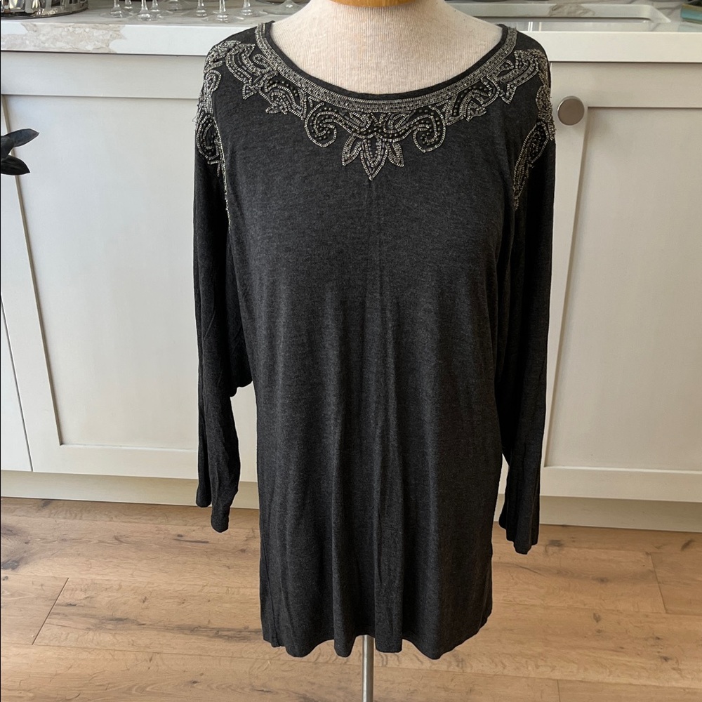 Sandro grey jersey Metal Beaded Long drop shoulder long sleeveTop